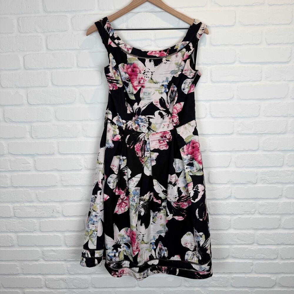 White House Black Market Sleeveless Black Pink Faille Floral Dress Pockets 10